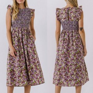 English Factory Floral Smocked Sleeveless Midi Dress Ruffle XS Cottagecore